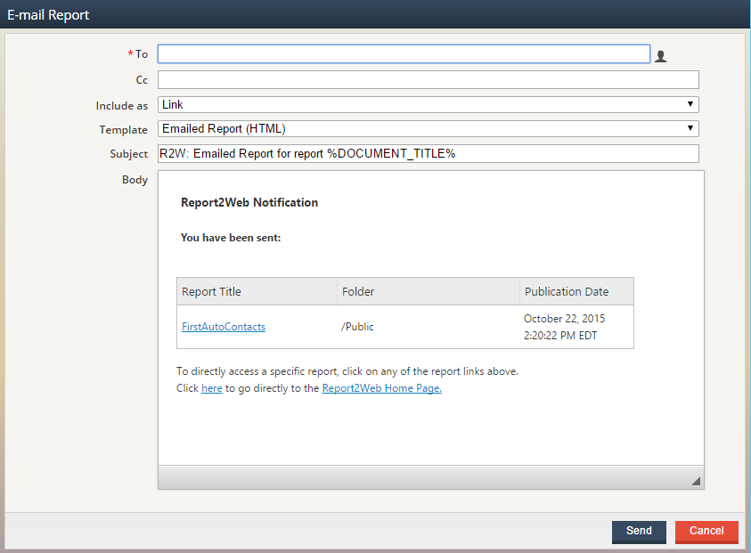 Screenshot of ad-hoc Email Report dialog.
